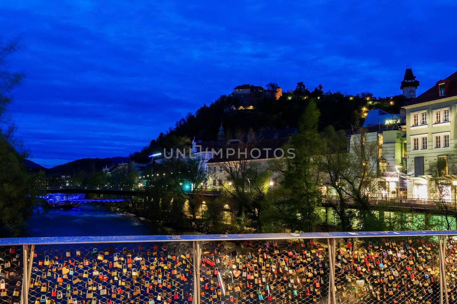 Castle Hill and Mur River. Graz, Styria, Austria.