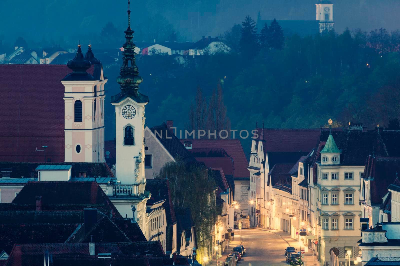 Steyr panorama at night. Steyr, Upper Austria, Austria.