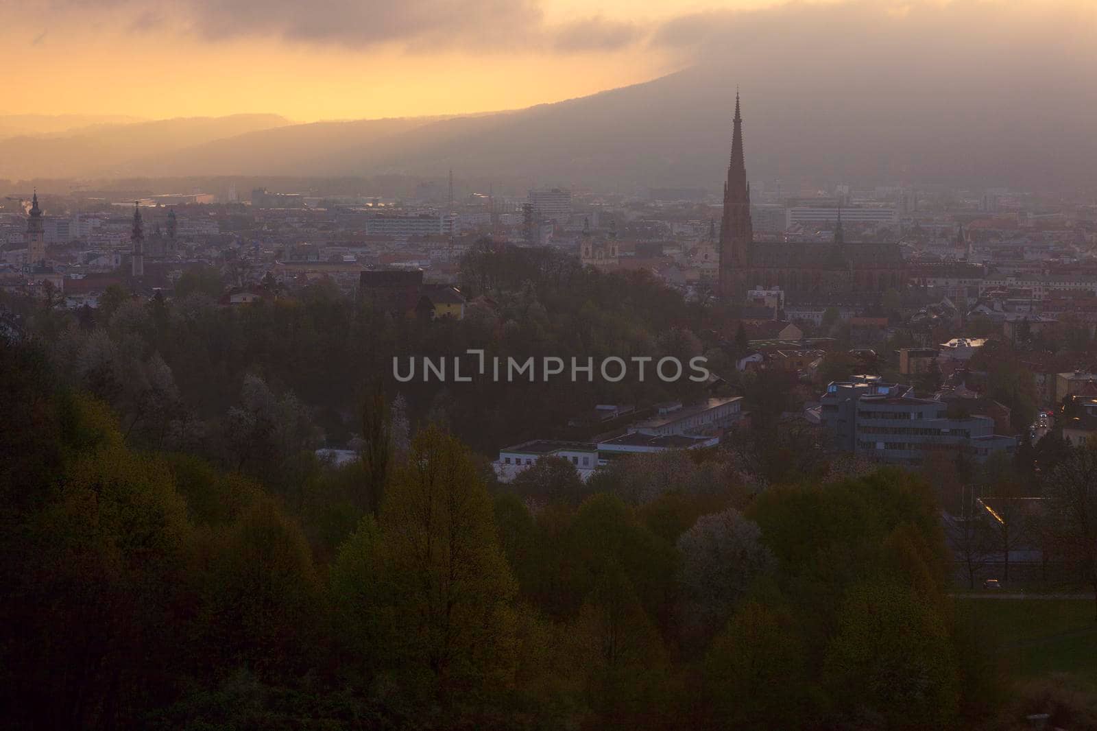 Linz panorama at sunrise. Linz, Upper Austria, Austria.