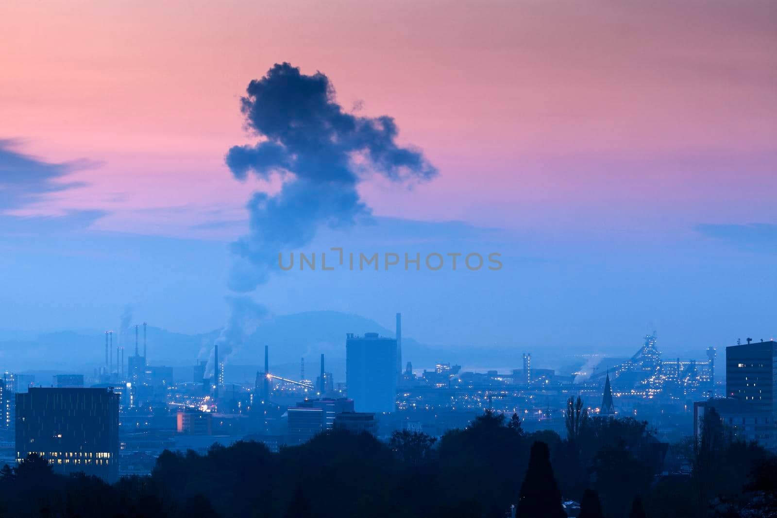 Industrial Linz at sunrise. Linz, Upper Austria, Austria.