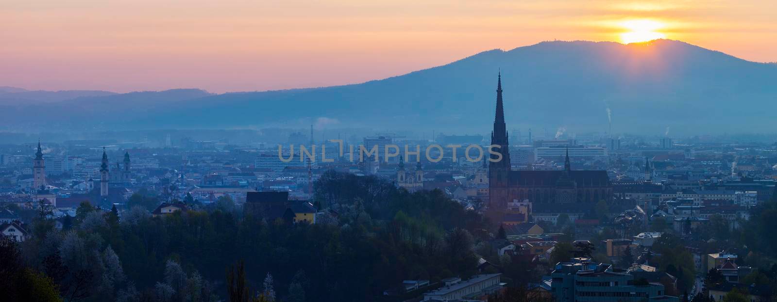 Linz panorama at sunrise. Linz, Upper Austria, Austria.