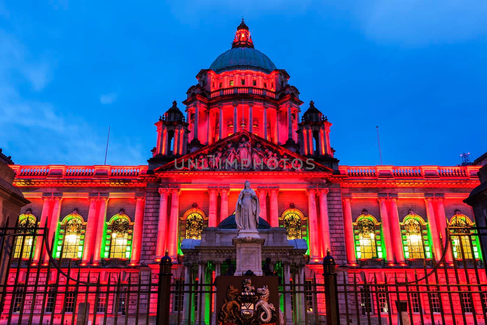 Illuminated Belfast City Hall. Belfast, Northern Ireland, United Kingdom.