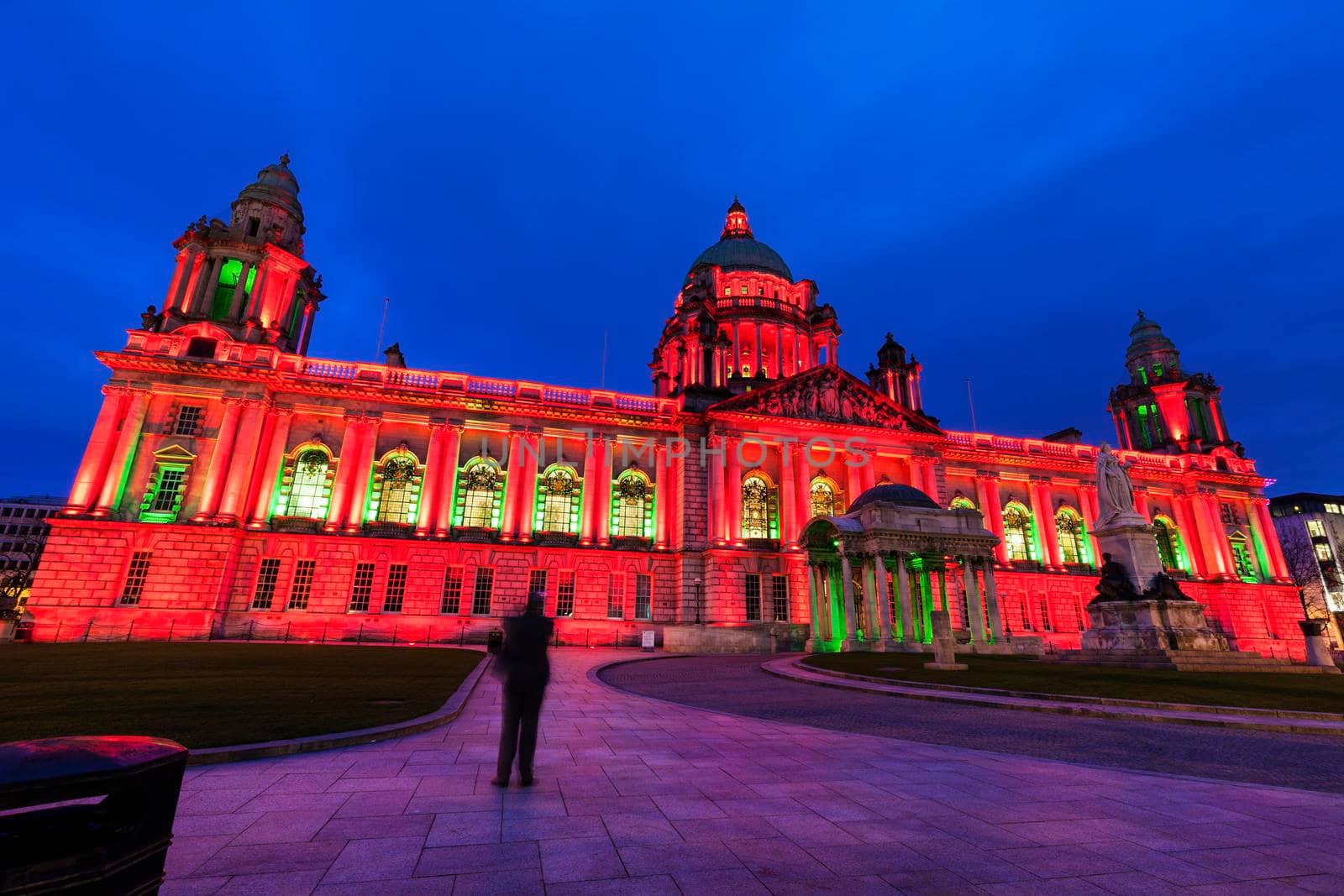 Illuminated Belfast City Hall. Belfast, Northern Ireland, United Kingdom.