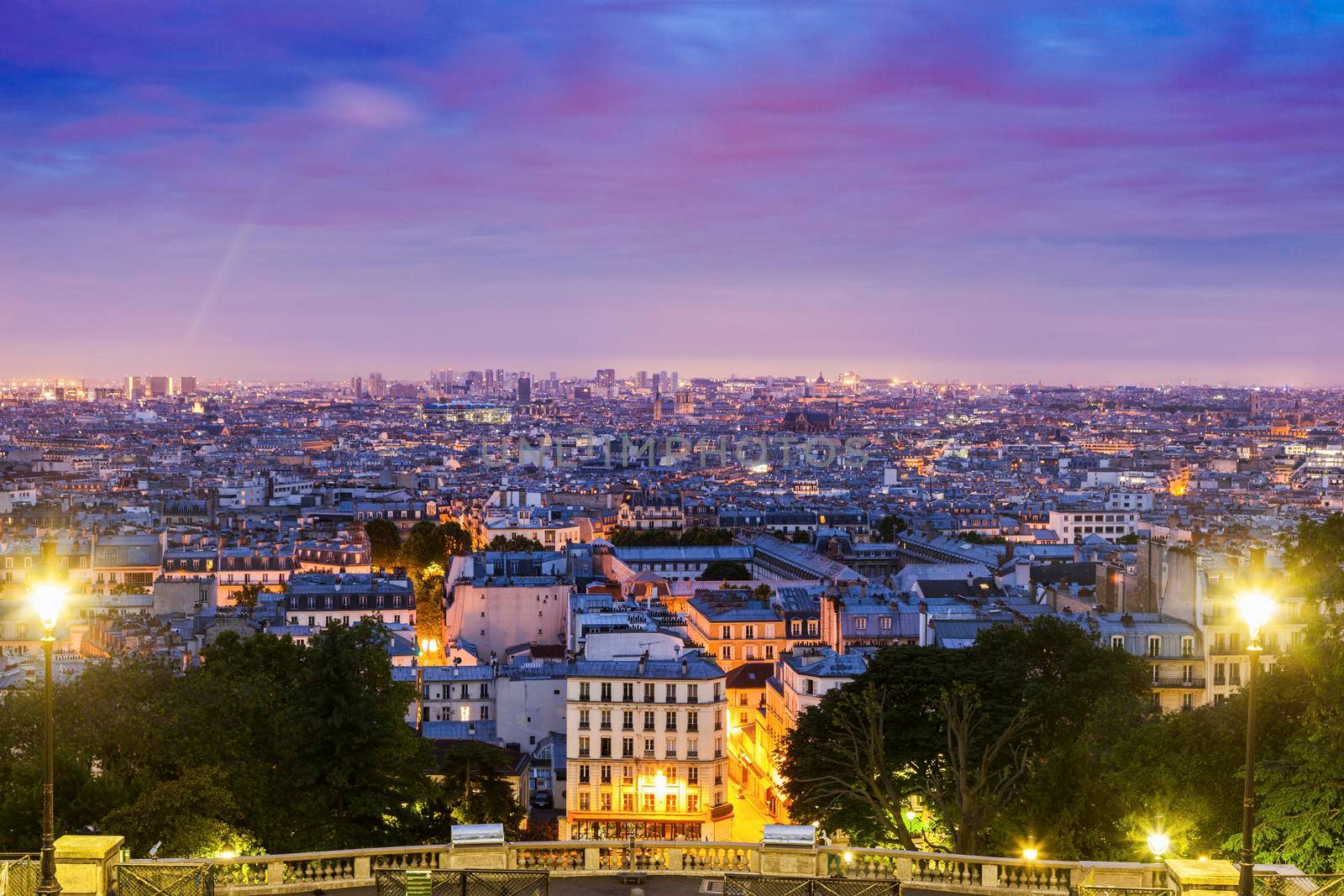 Paris panorama seen from Montmartre at sunrise. Paris, France