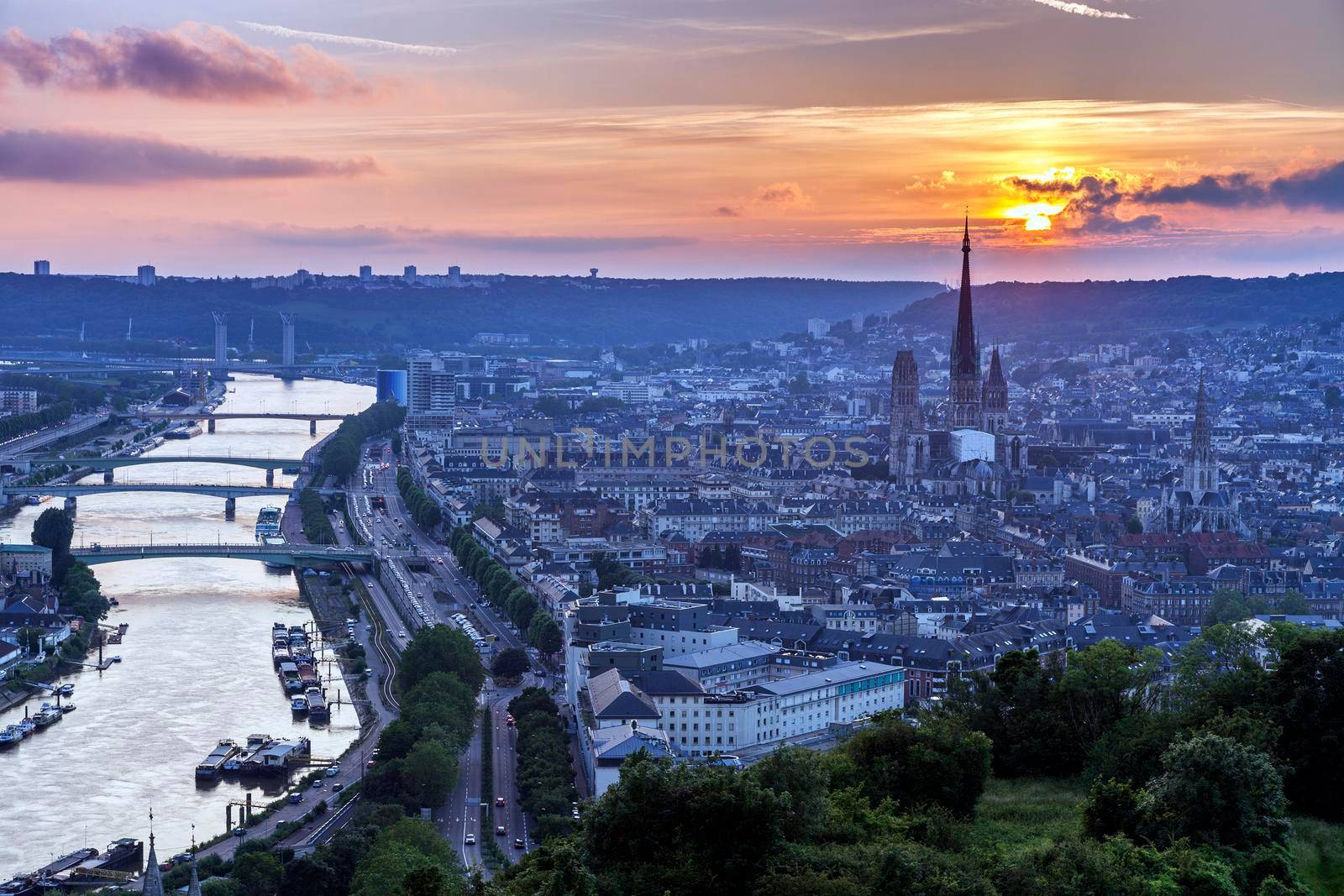 Sunset in Rouen - aerial view. Rouen, Normandy, France
