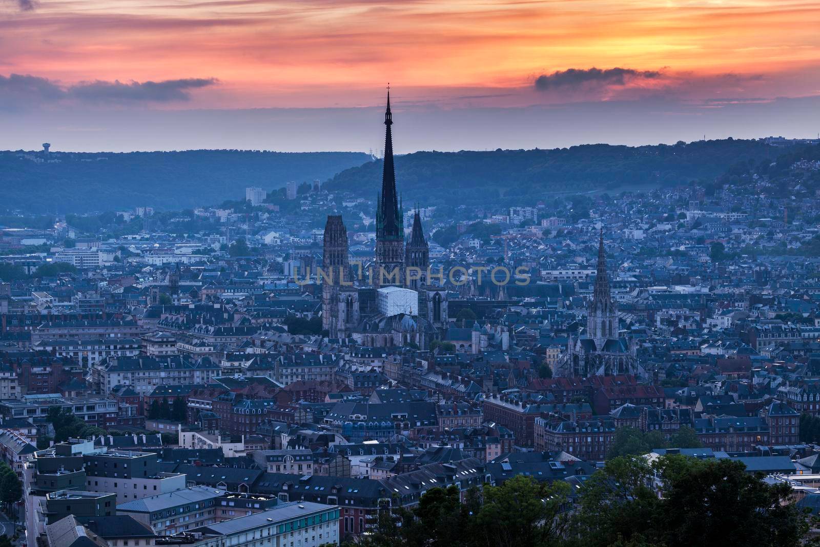 Panorama of Rouen at sunset. Rouen, Normandy, France