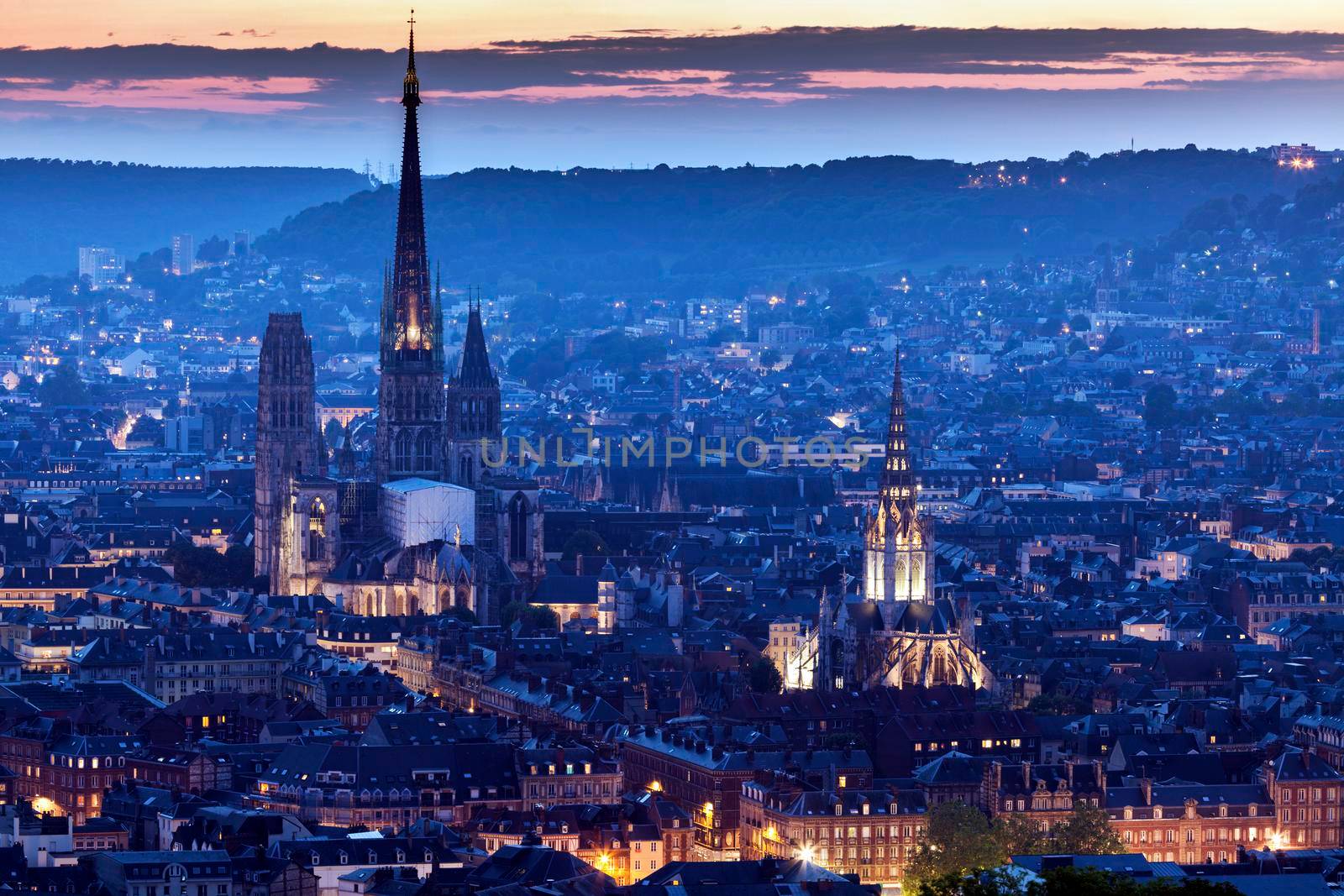 Panorama of Rouen at sunset. Rouen, Normandy, France