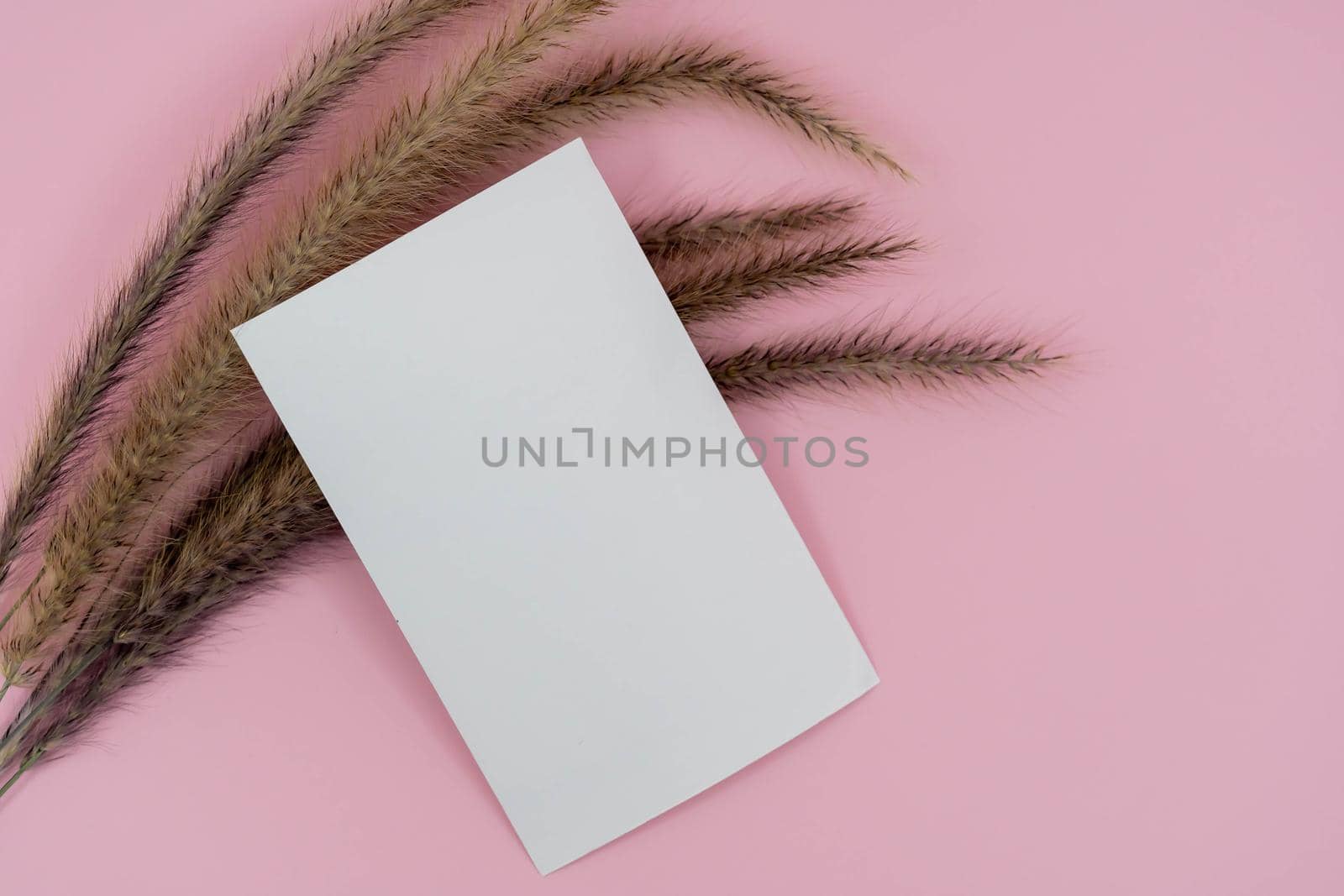 Top view of blank paper page on pink background office desk and different objects. Minimal flat lay style