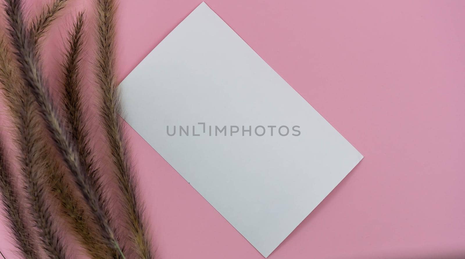 Top view of blank paper page on pink background office desk and different objects. Minimal flat lay style