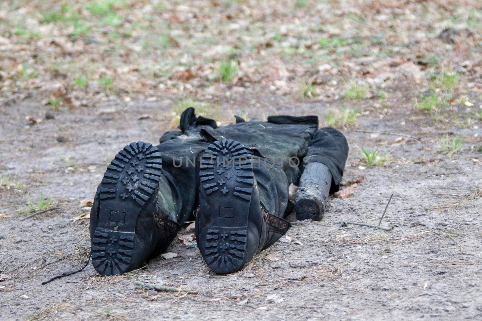 Layout of a man for rescue training. Dummy for training firefighters. Fake corpse.
