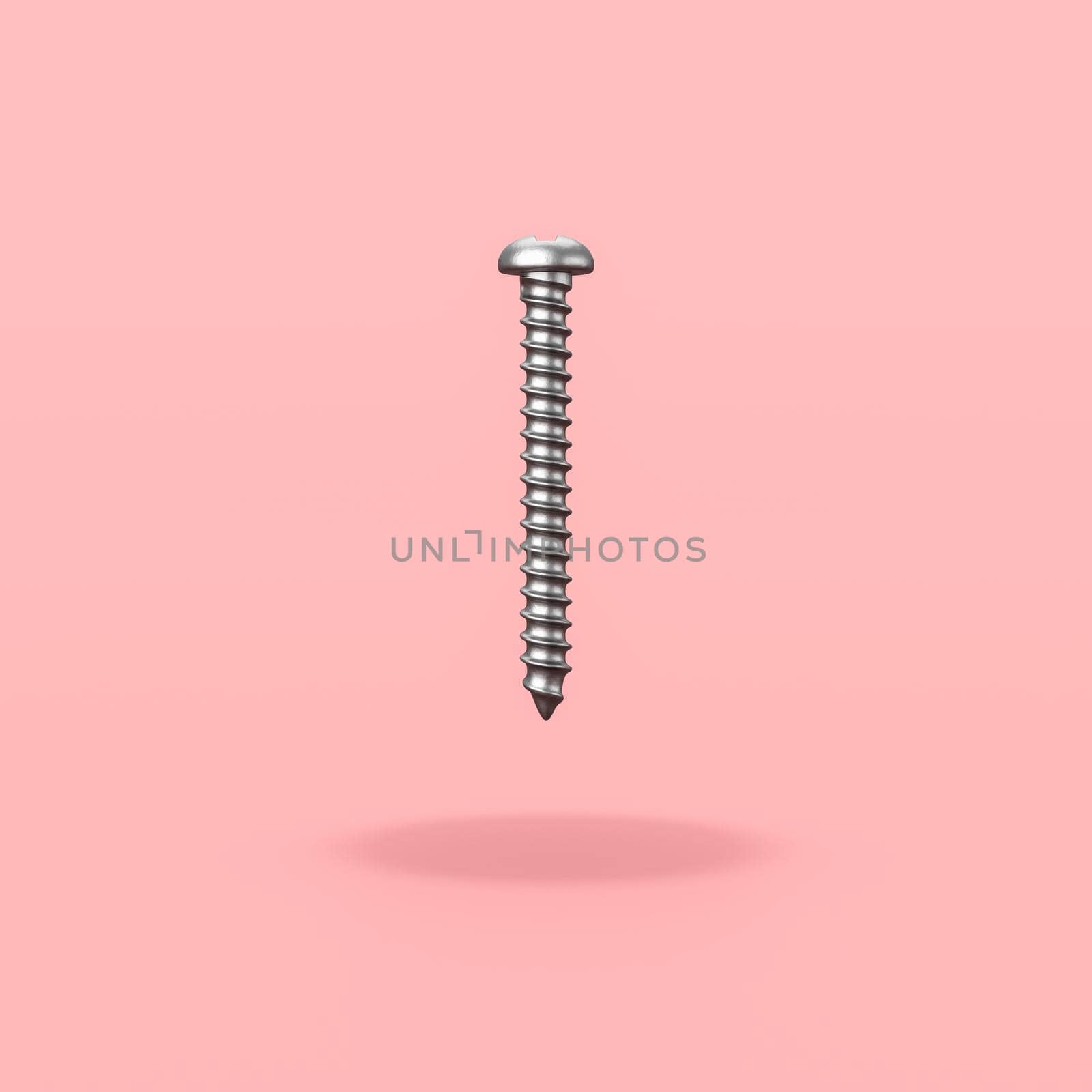 One Metallic Screw Isolated on Flat Red Background with Shadow 3D Illustration