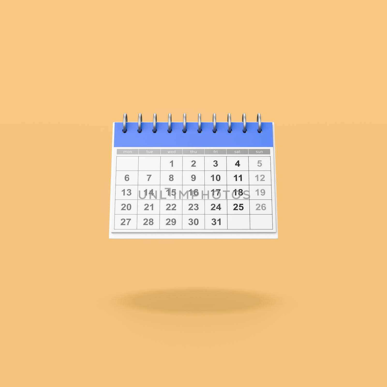Blue and White Desk Calendar Isolated on Flat Orange Background with Shadow 3D Illustration