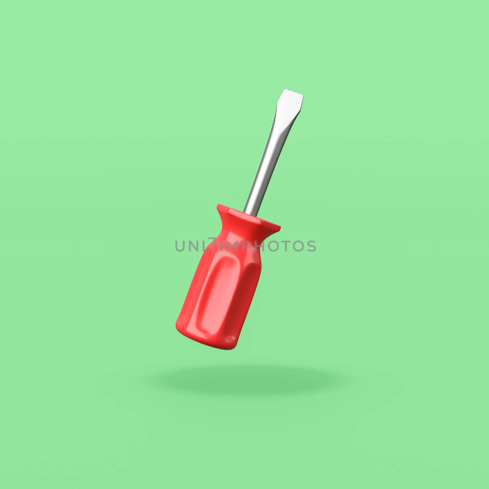 Cartoon Red Screwdriver Isolated on Flat Green Background with Shadow 3D Illustration