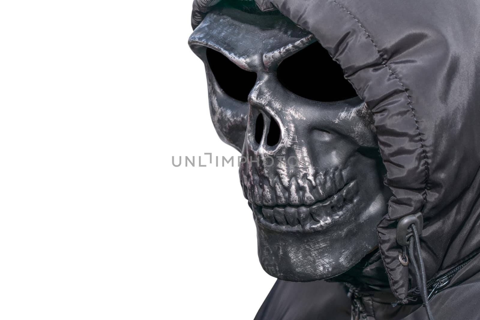 Man in death costume for Halloween holiday, isolate on white background