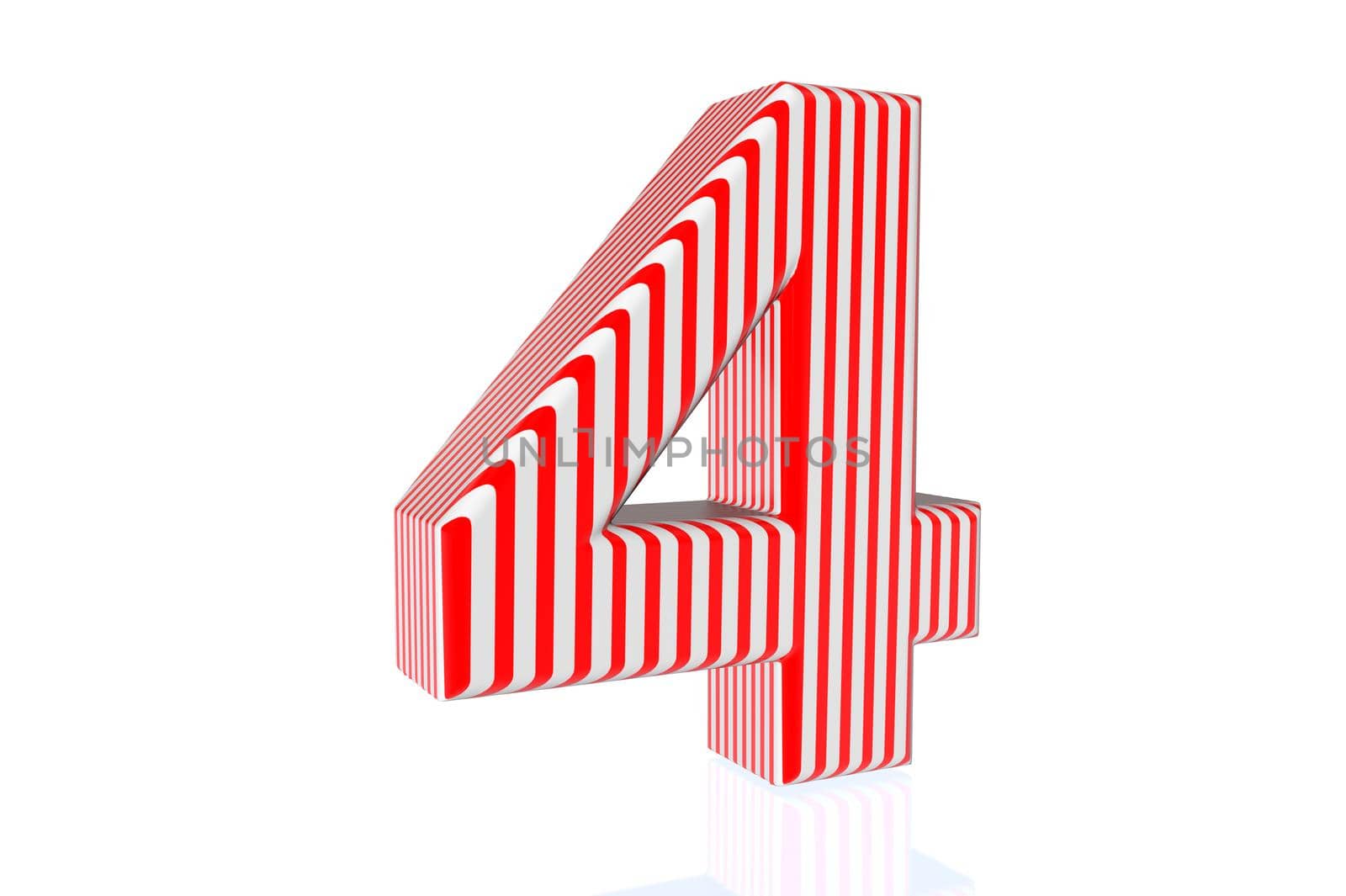 3d illustration, isolate number 4 with red stripes on a white background, in the style of the 4th of july holiday