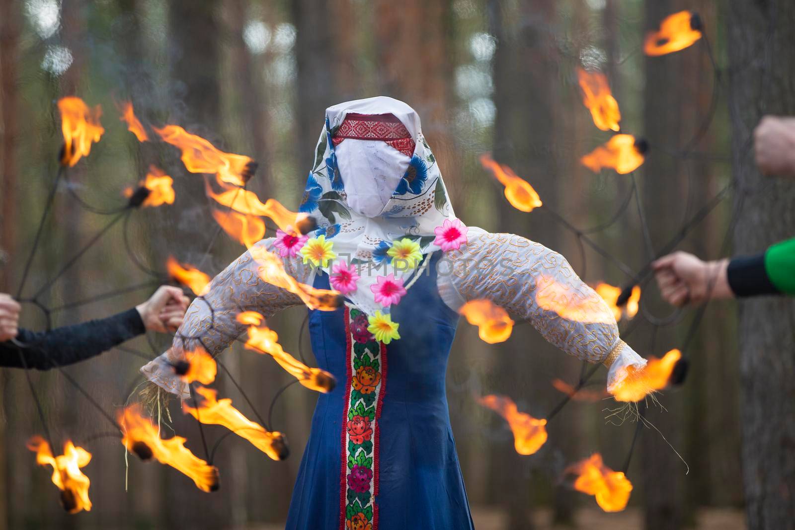 Burning straw stuffed carnival, a symbol of winter and death in Slavic mythology, pagan tradition. Religious and folk festival of the East Slavic people.