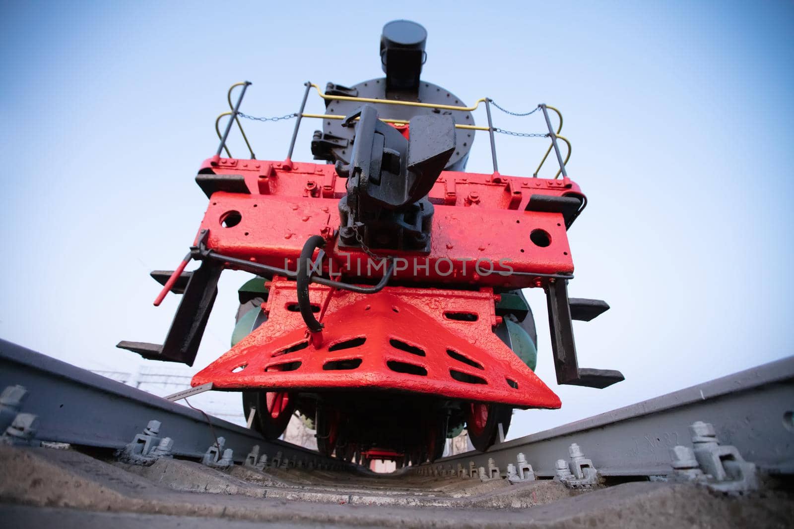 Vintage retro train red on rails. Ancient locomotive.