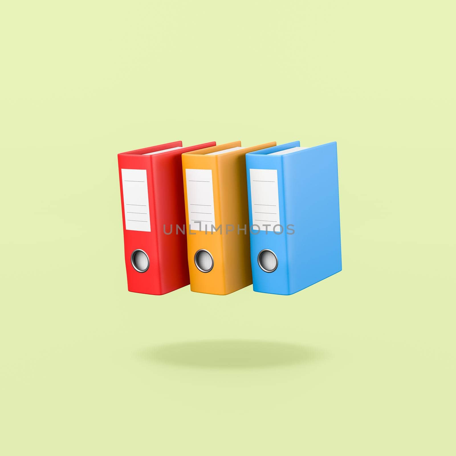 Set of Three Colorful Binders Isolated on Flat Green Background with Shadow 3D Illustration