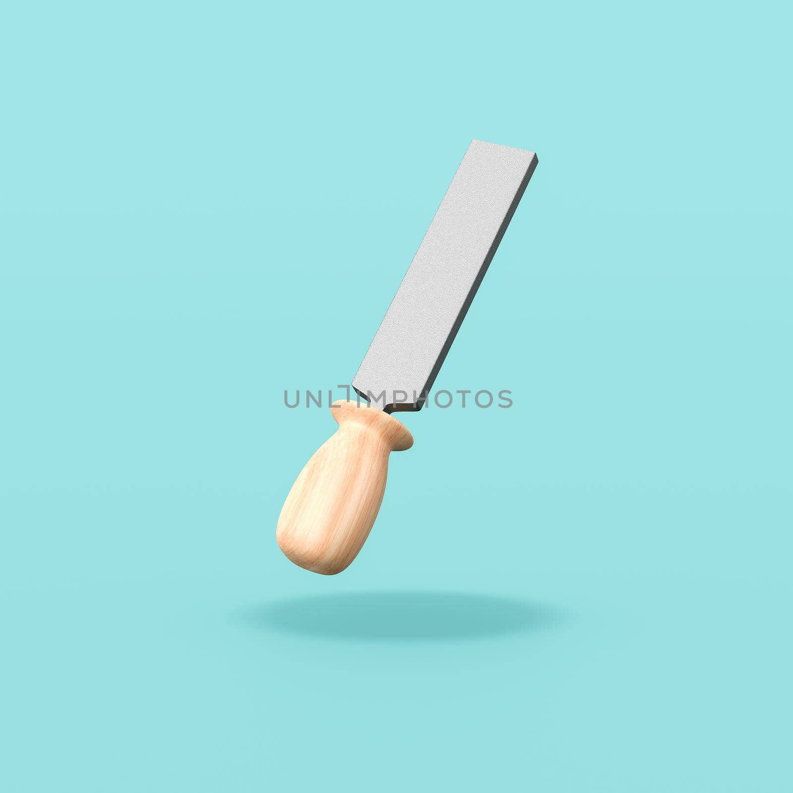 Cartoon One Single Rasp with Wooden Handle Isolated on Flat Blue Background with Shadow 3D Illustration