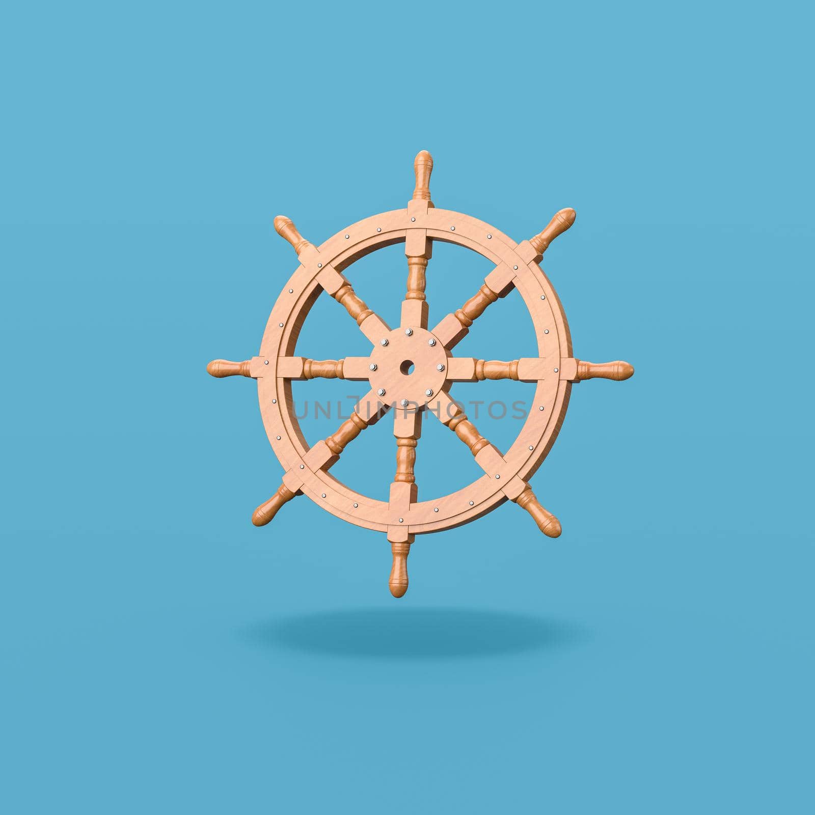 Wooden Rudder Wheel Isolated on Flat Blue Background with Shadow 3D Illustration