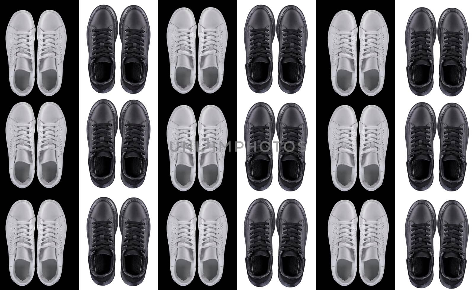 Background sports shoes. Rows of black and white sneakers on a striped background.