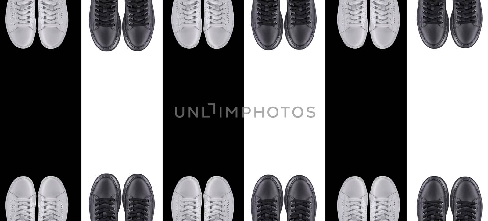 Background sports shoes. Black and white sneakers on a striped background.