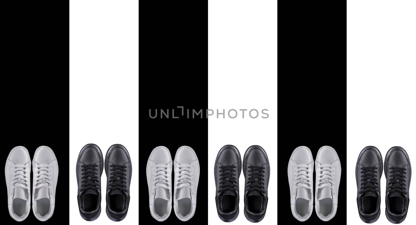 Background sports shoes. Black and white sneakers on a striped background.