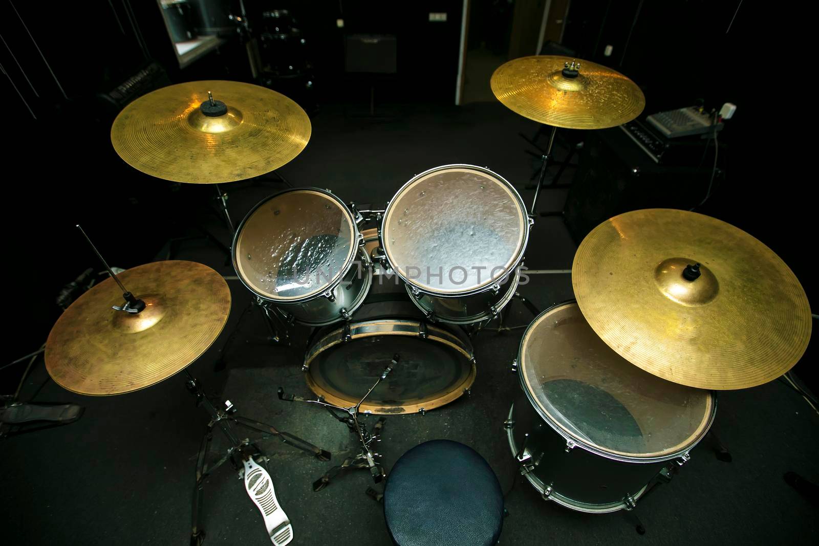 Percussion musical instrument top view.Drums