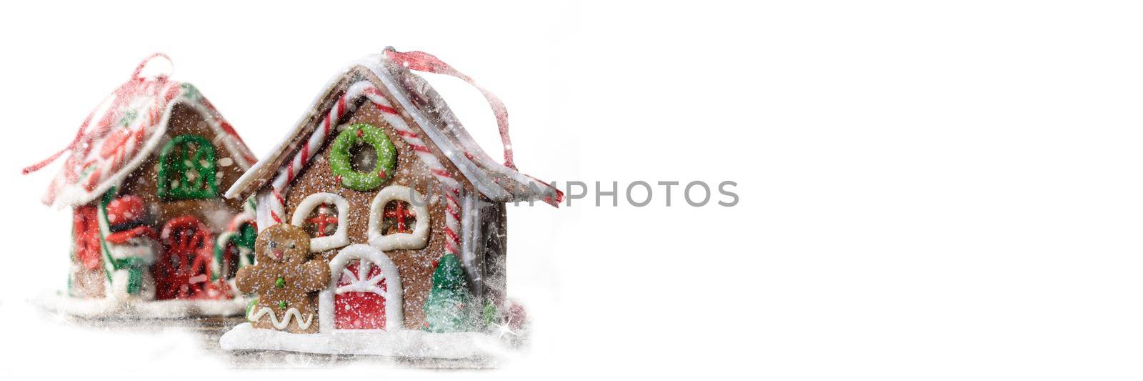 New Year banner. Gingerbread man on the background of a fabulous house.