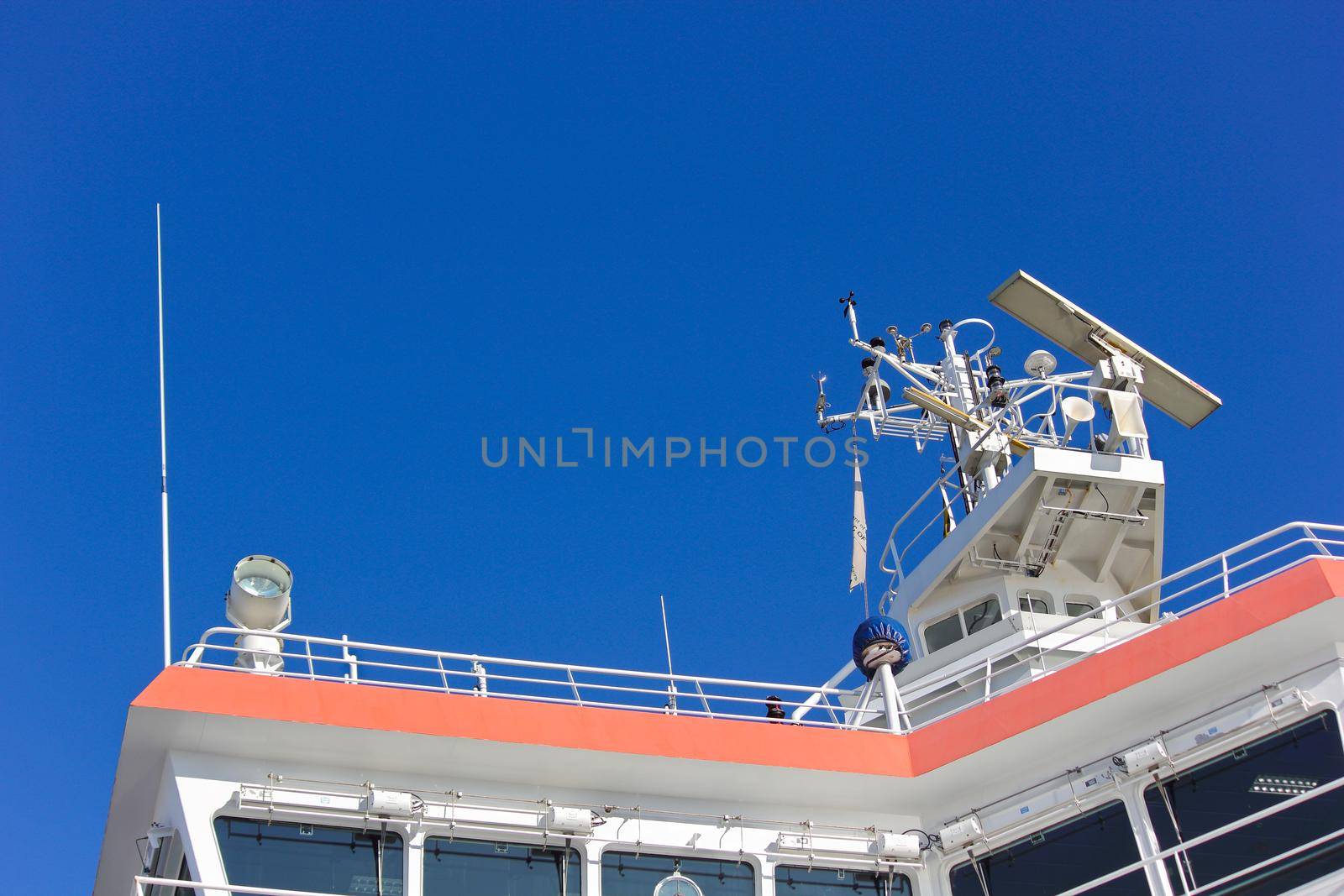 Marine research ship command bridge top antennas and weather sensors, Cape Town, South Africa
