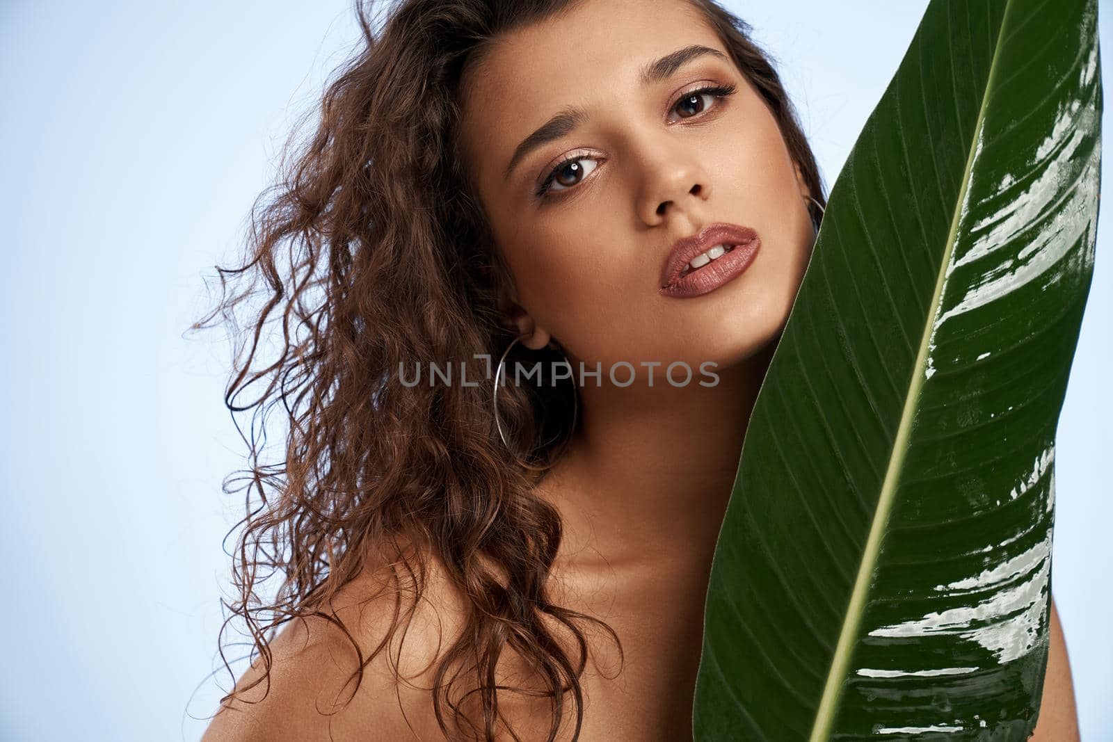 Close up of beautiful naked female model standing and looking at camera. Crop portrait of young brunette woman with perfect makeup posing with mouth open, holding big green leaf, isolated on blue.