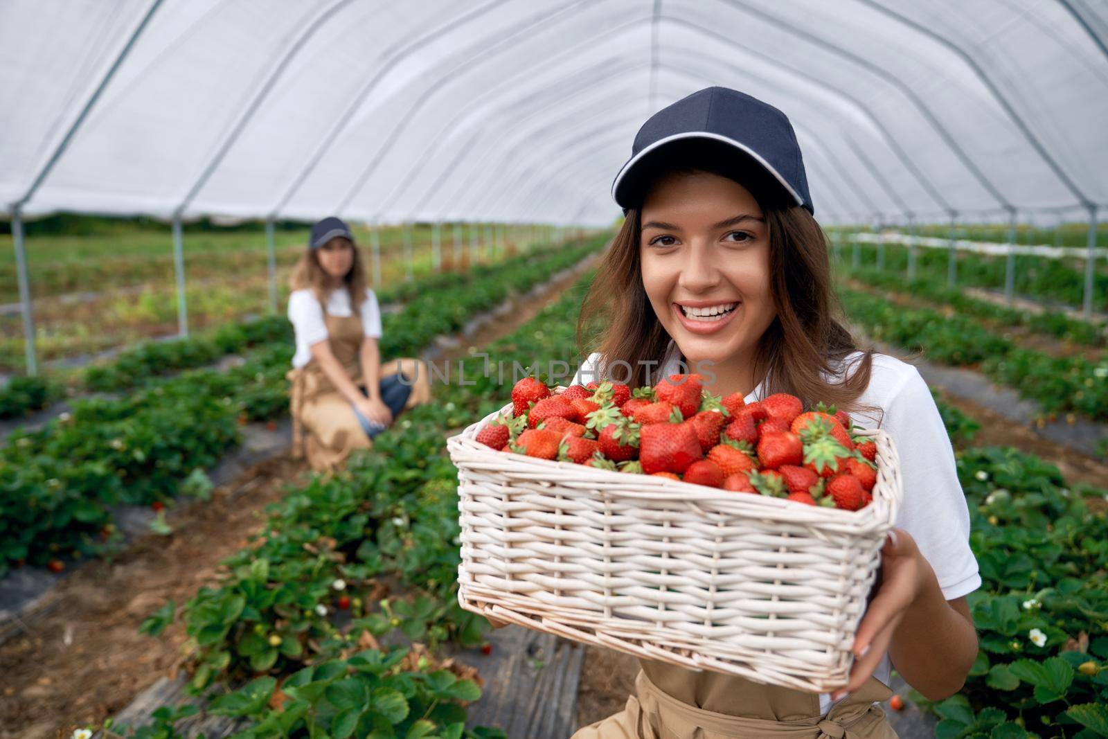 Smiling field worker is holding basket of strawberries. by SerhiiBobyk