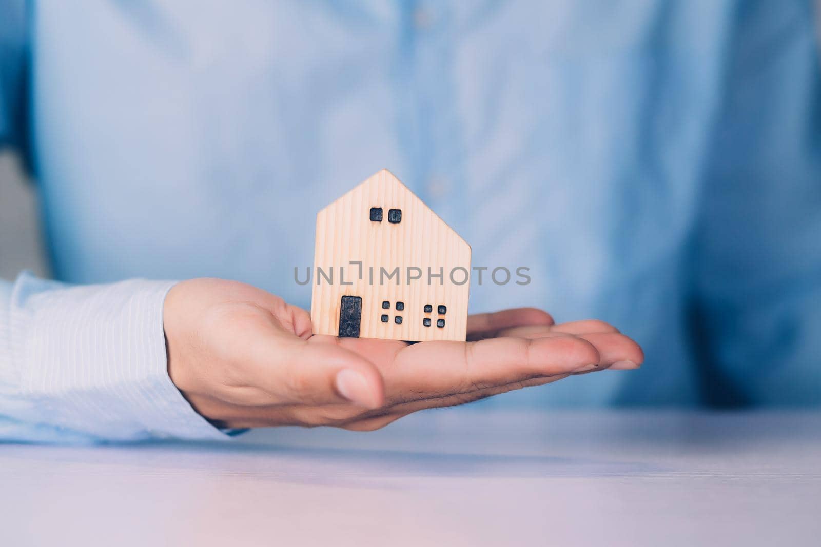 Insurance house for security and care, real estate, costs and loan and mortgage, protection of home and advisor with investment in residential, assurance of property for finance, business concept.