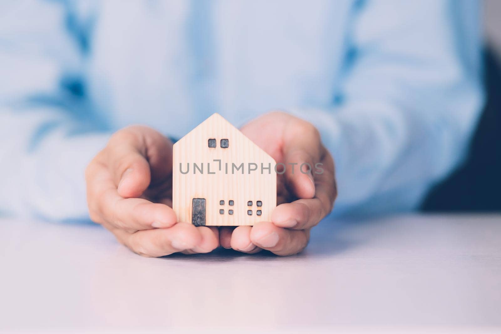 Insurance house for security and care, real estate, costs and loan and mortgage, protection of home and advisor with investment in residential, assurance of property for finance, business concept.