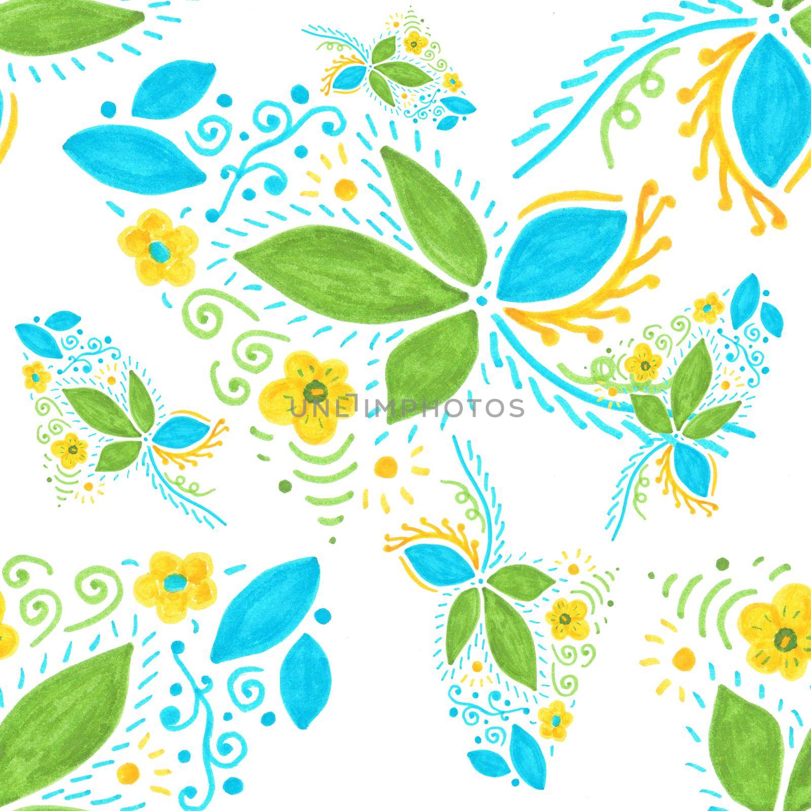 Seamless Pattern Design Marker Drawn Bright Floral Pattern with Colorful Leaves and Blooming Flowers on White Background.