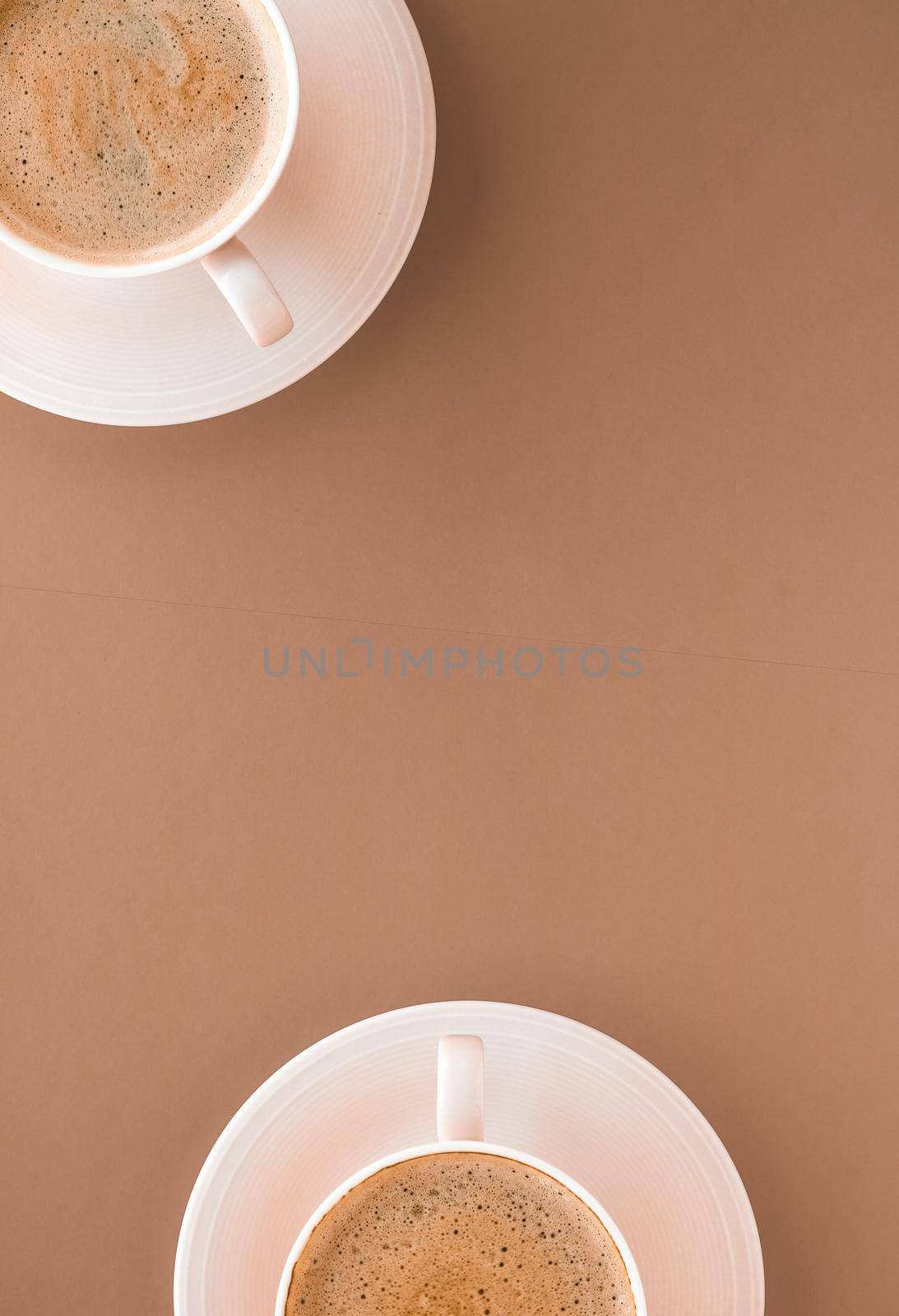 Drinks menu, italian espresso recipe and organic shop concept - Cup of hot coffee as breakfast drink, flatlay cups on beige background