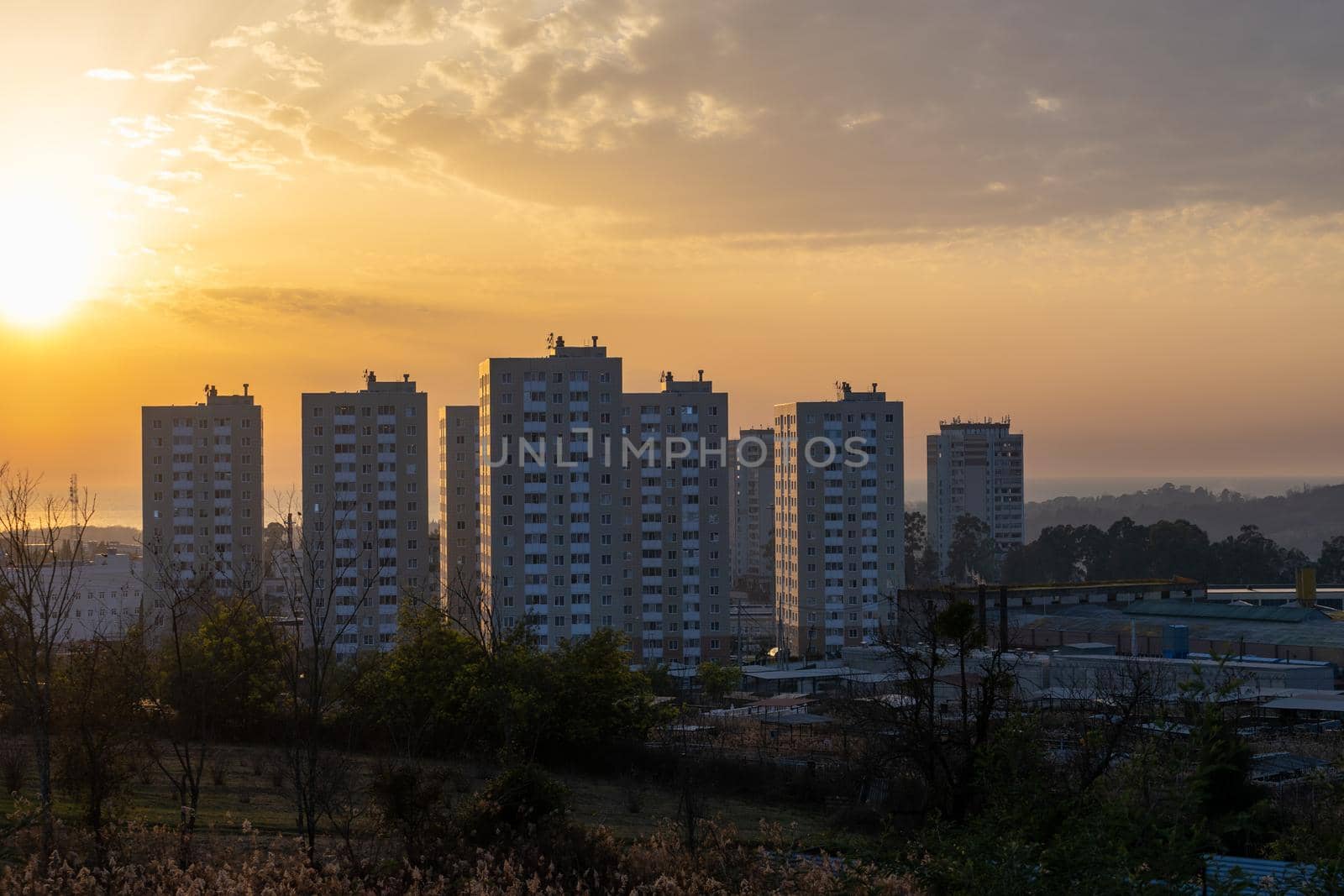 City landscape with sunset background. Sukhumi, Abkhazia