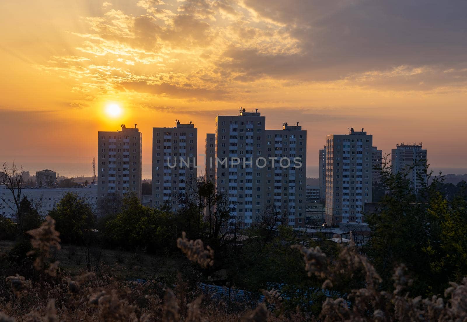 City landscape with sunset background. Sukhumi, Abkhazia