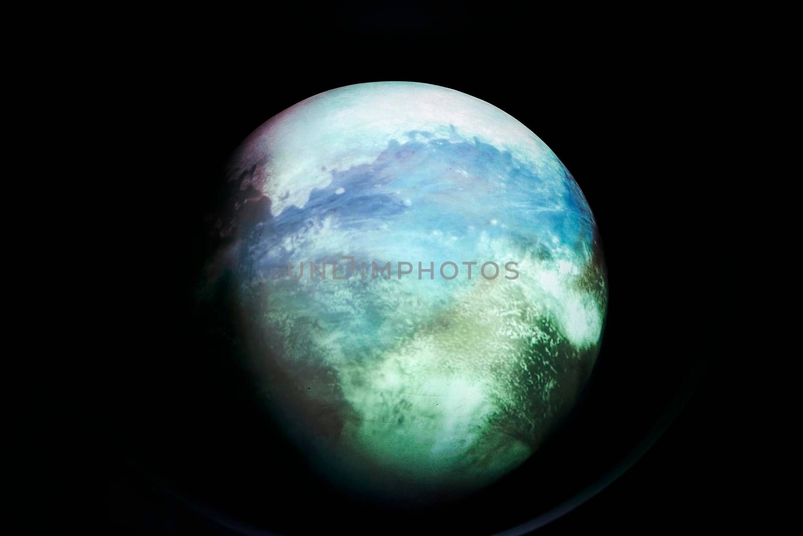 Image of planet earth on black background. Colourful, blue sea clouds