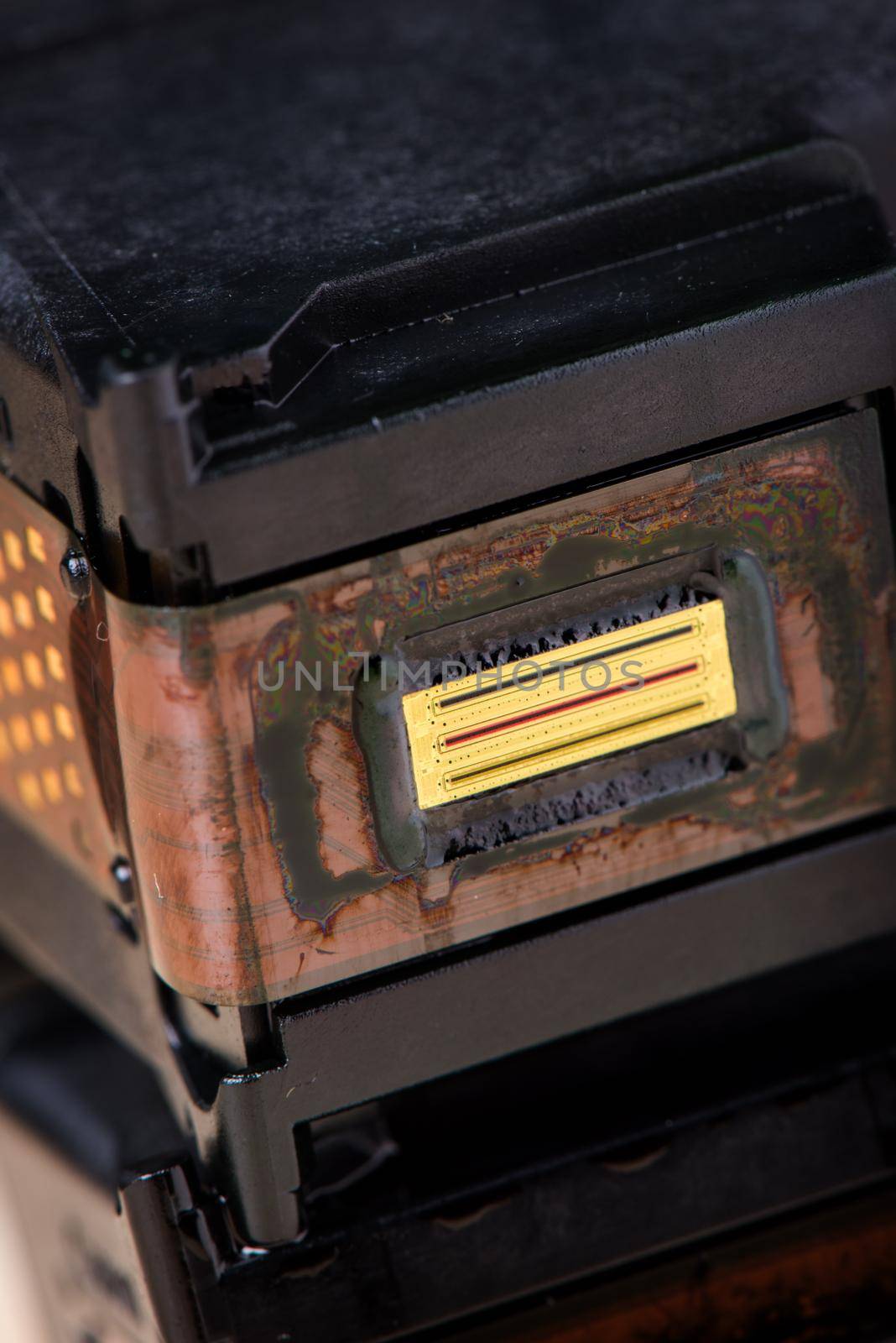 closeup nozzle plate of ink cartridge, computer and technology concept