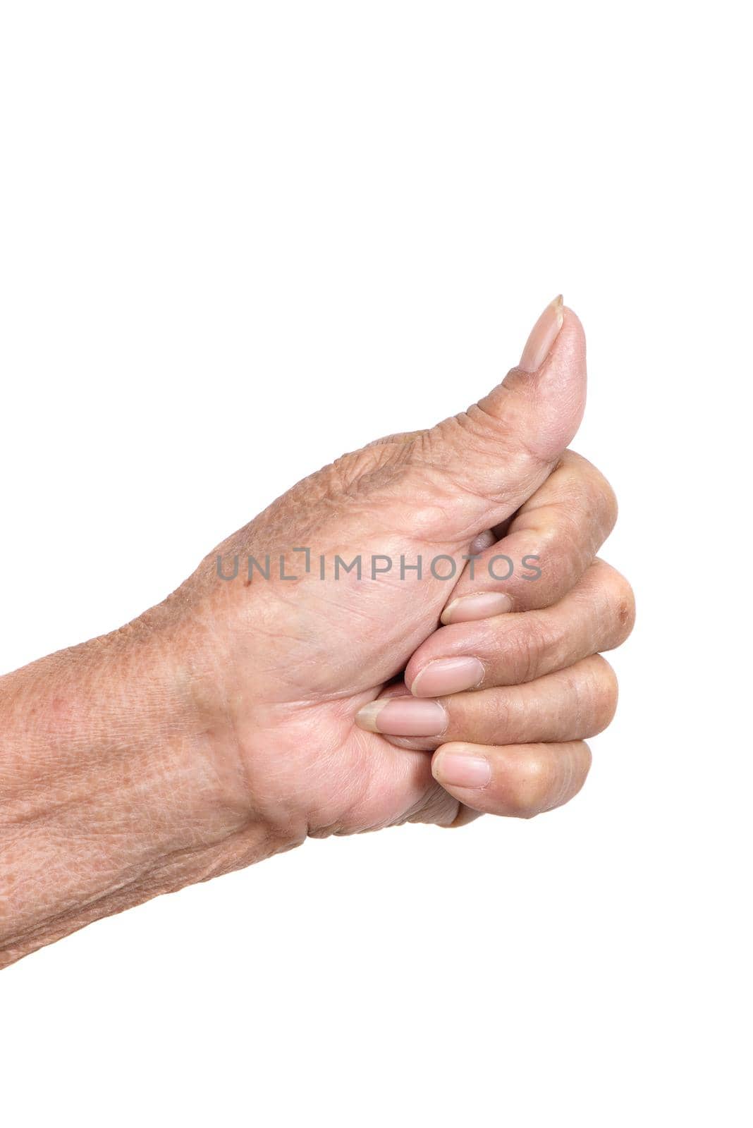 Senior woman's hand gesture isolated on white background