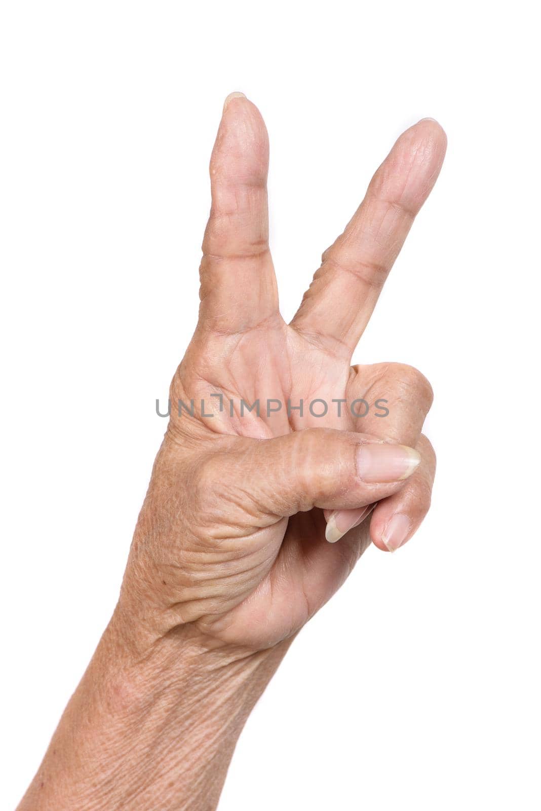 Senior woman's hand gesture isolated on white background