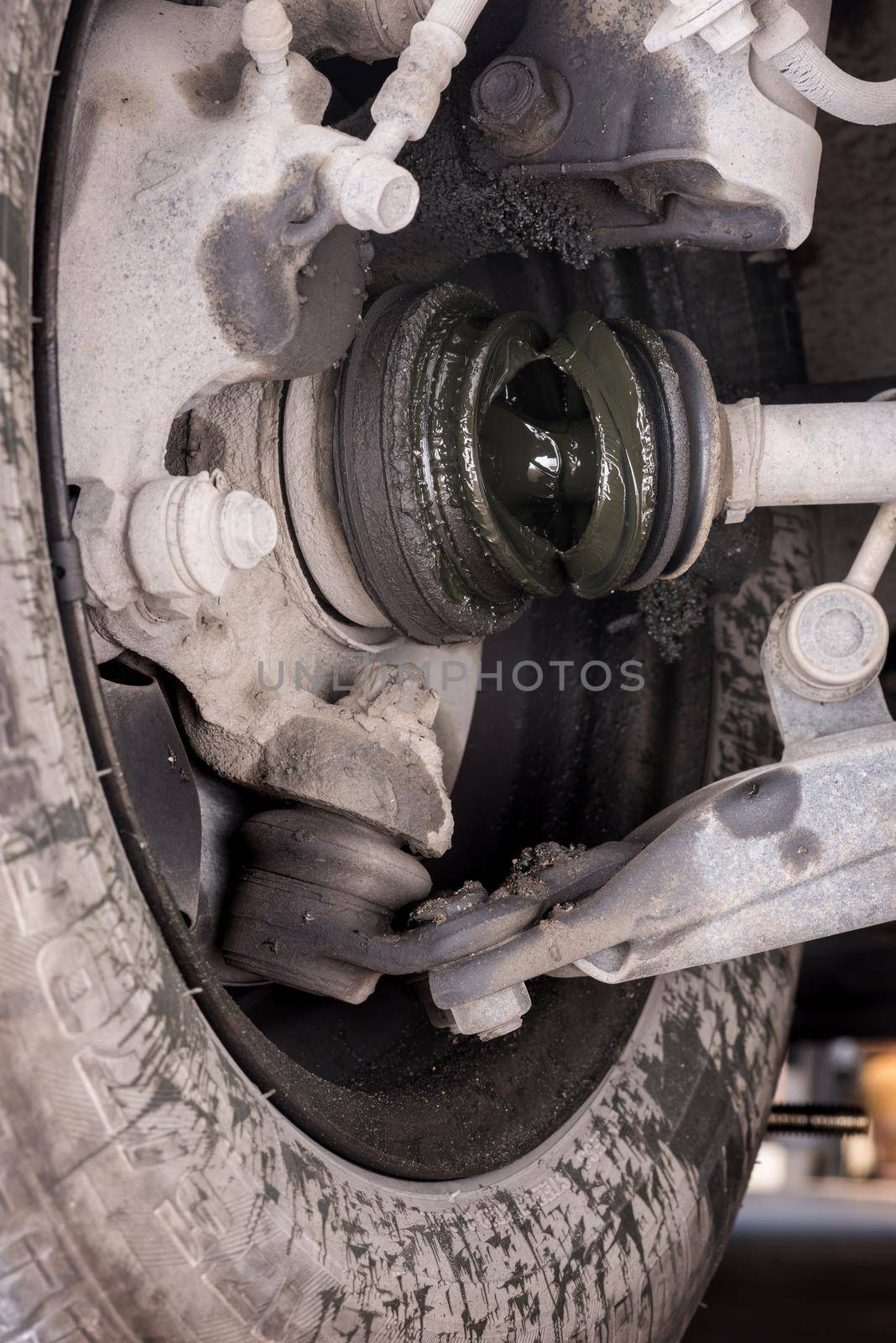 damage of rubber cover in front suspension of car, car's spare part