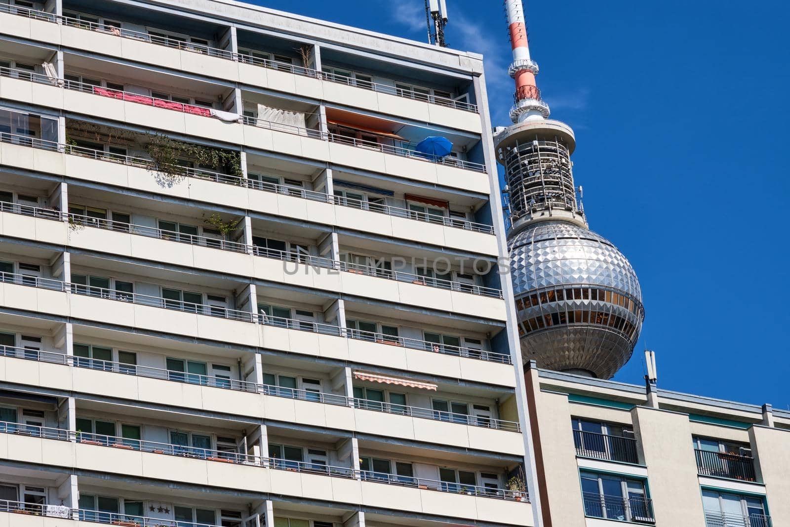 Subsidized housing building with the TV Tower of Berlin in the background