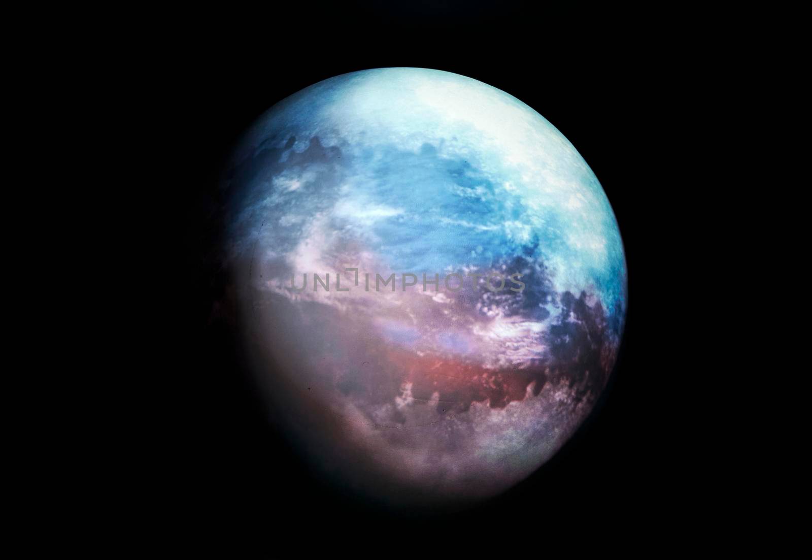 Image of planet earth on black background. Colourful, blue sea clouds