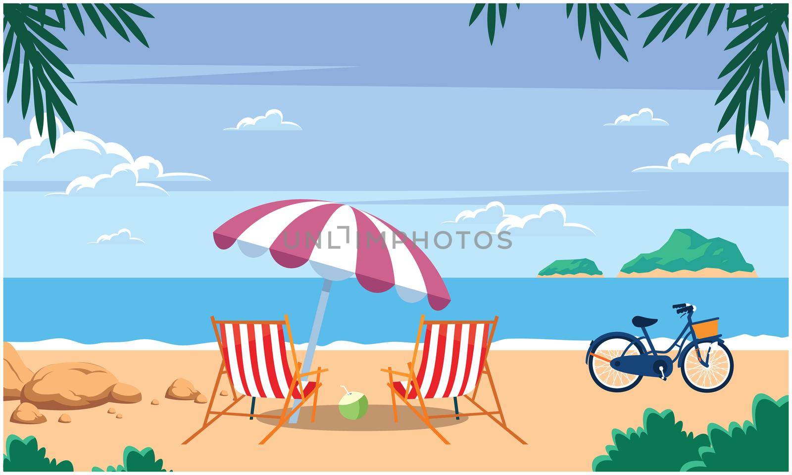 a sunny view of a beach with chair, umbrella, bicycle and coconut