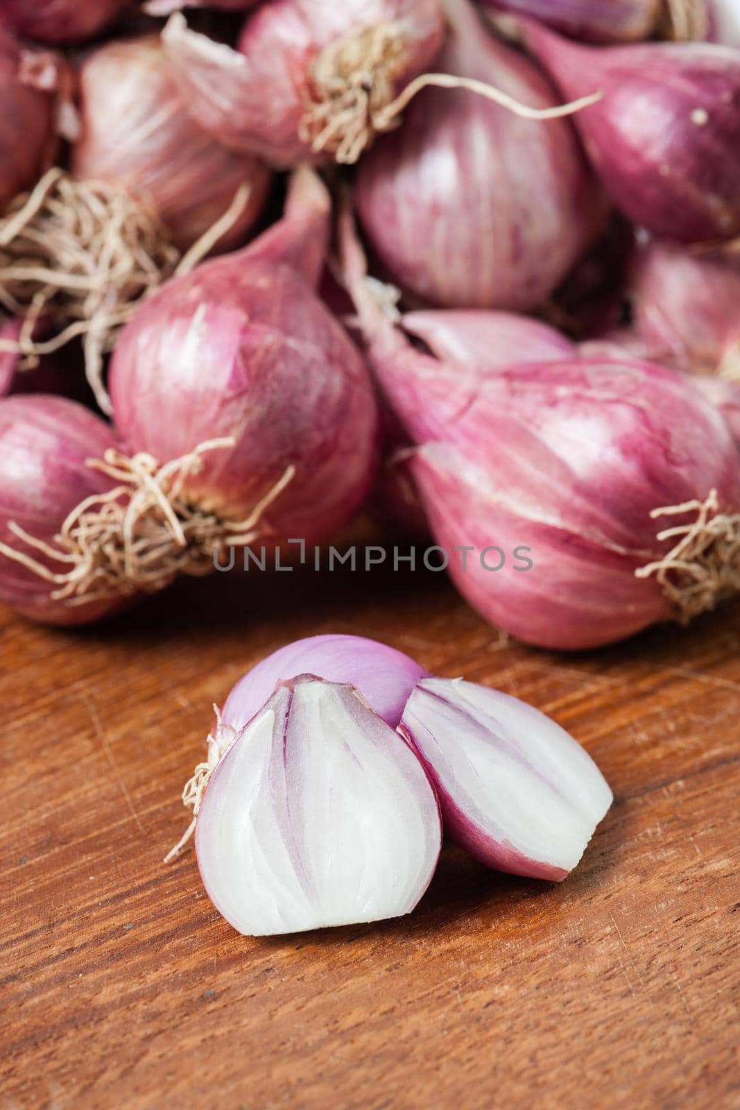 closeup heap of fresh Shallots, food ingredient