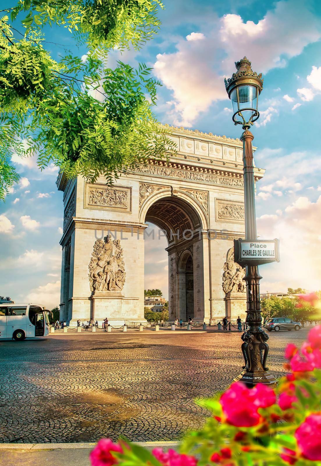 Triumphal Arch in Paris at spring sunrise