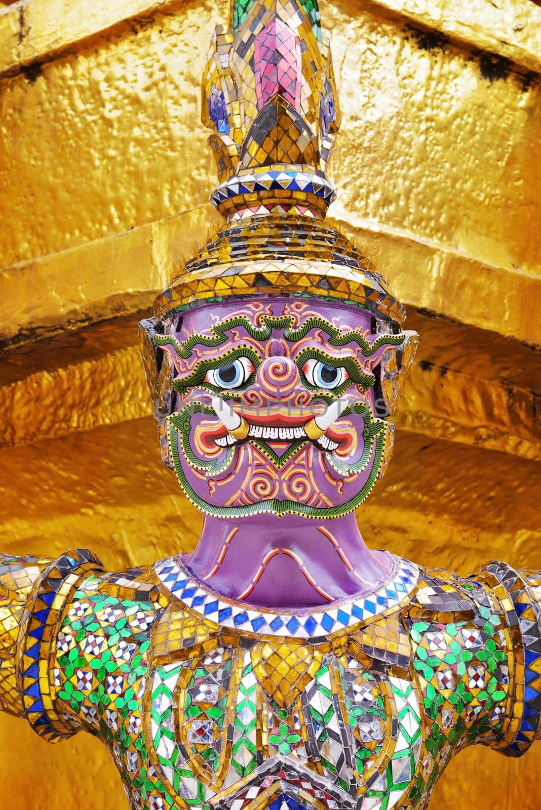 closeup face of Yak(giant) statue at Wat Phra Kaew in Bangkok, Thailand.