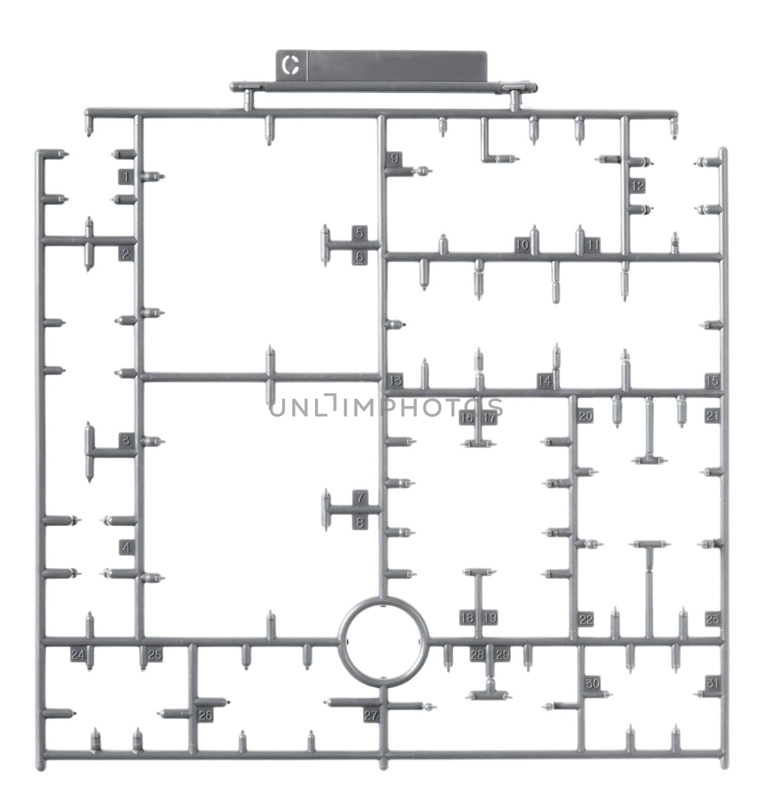 sprue or injection moulding of model on white background